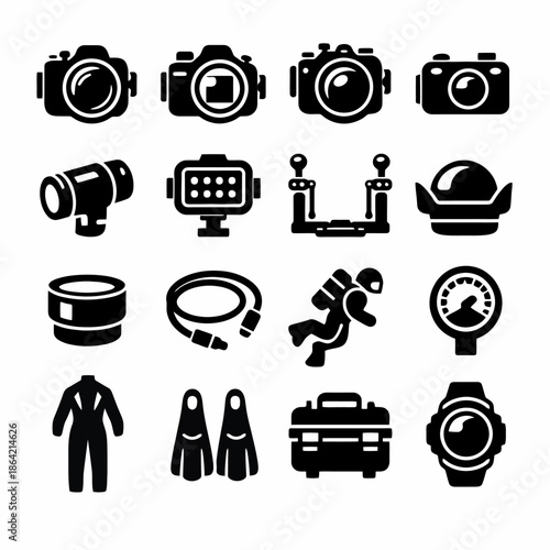 Diving and photography equipment icons: cameras, diver, helmet, flippers, suit