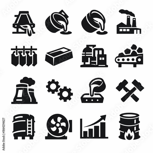 Industrial icon set featuring factories, machinery, and metalworking symbols
