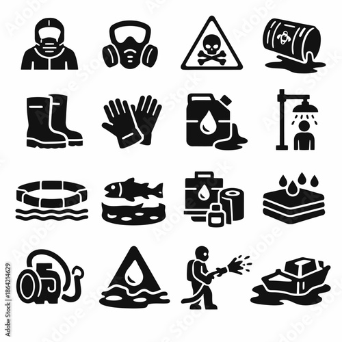 Industrial safety icons: hazard gear, toxic warning, protective equipment