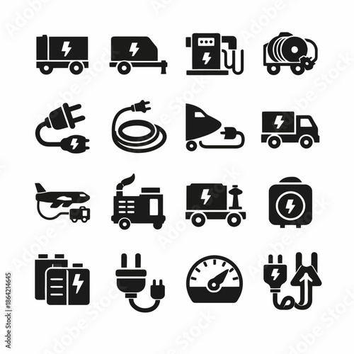 Electric vehicle icons set: charging, battery, plug, and station symbols
