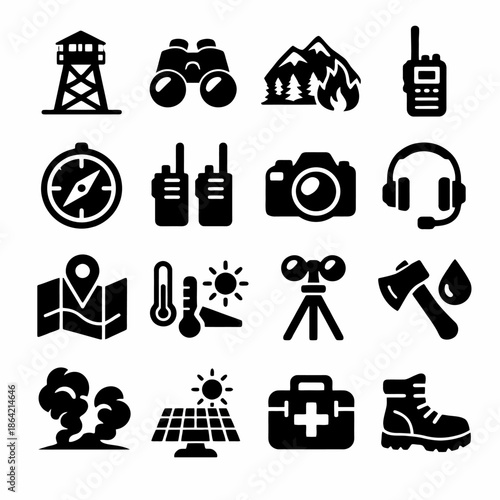 Outdoor adventure icons: compass, walkie-talkie, camera, mountains, camping gear set