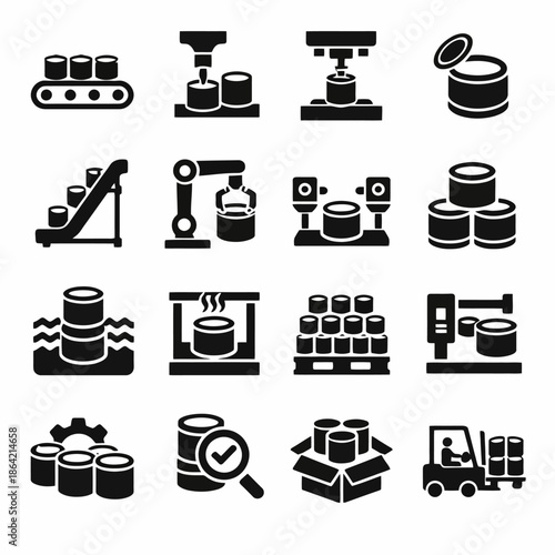 Industrial manufacturing icons set: conveyor robots machines packaging