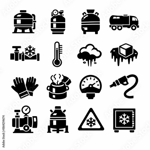 Industrial refrigeration equipment icons set with various cooling elements
