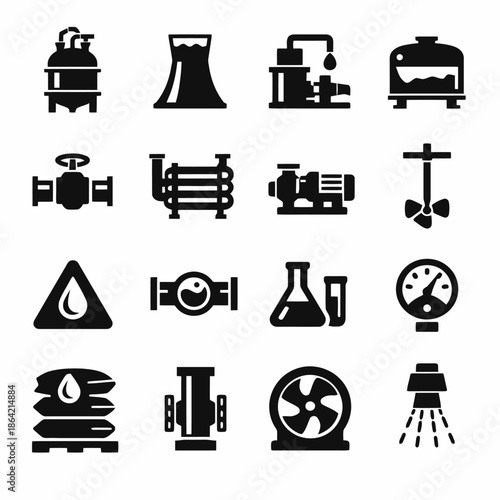 Industrial equipment icons set featuring valves, pipes, and reactors