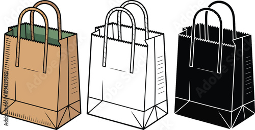 Paper bag silhouette & Outline and illustration set isolated on transparent background