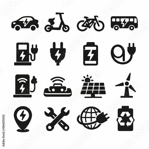 Electric vehicles and renewable energy icons set