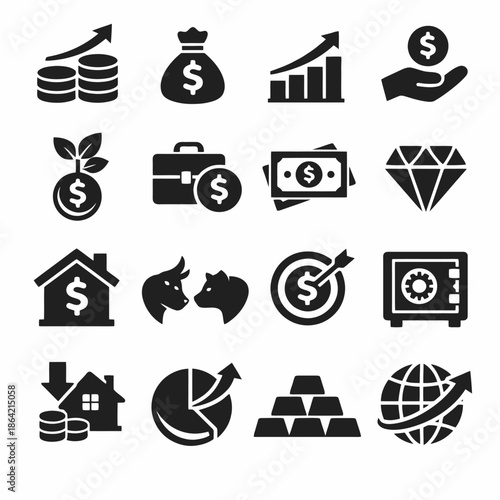 Financial growth and investment icons: charts, money bags, and global finance