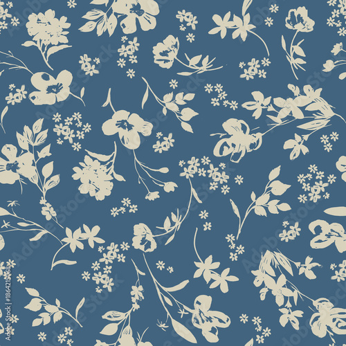 blue background off white connecting floral seamless pattern 