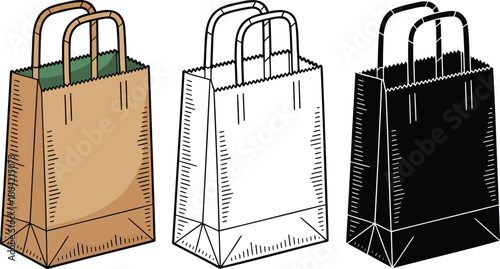 Paper bag silhouette & Outline and illustration set isolated on transparent background