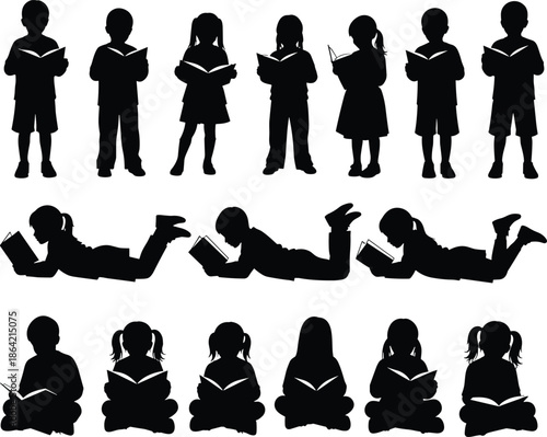 Silhouette children reading books in various positions, promoting childhood literacy, education, imagination, and learning through playful and relaxed postures.