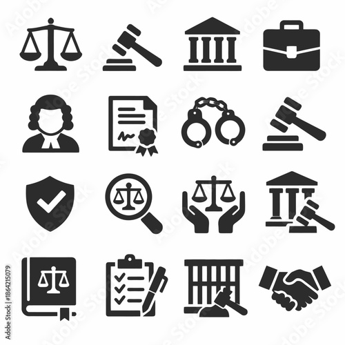 Law and justice icons: scales, gavel, courthouse, briefcase, handcuffs, contract