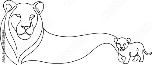 Continuous line drawing of a majestic lion and a small cub, representing family protection, wildlife nature, and strong parental bonds.