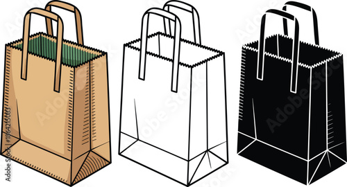 Paper bag silhouette & Outline and illustration set isolated on transparent background