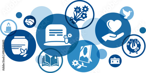 Funeral services vector illustration. Blue concept with icons related to cemetery / burial / memorial - examples of funeral home services - bereavement, funeral arrangements, remembrance service.