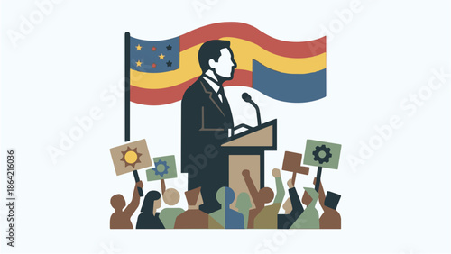 A sophisticated graphic illustration portrays a political leader addressing a supportive and engaged crowd while a distinct flag waves behind the podium.