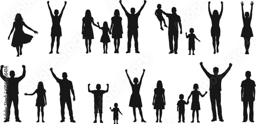 Silhouette family groups and children in various poses showing love, unity, parenting, bonding, and joyful relationships on white background