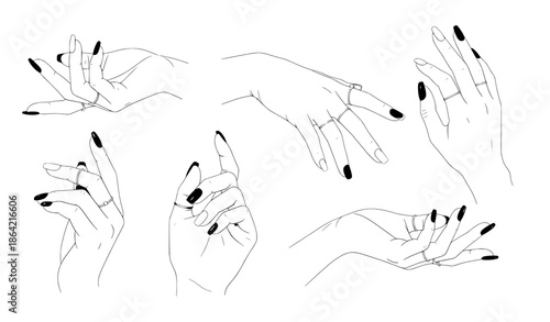 Female hand with beautiful manicure and rings realistic vector set
