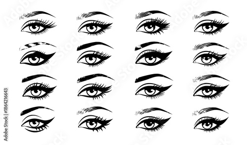 Colorful female eyes with makeup hand drawn vector set