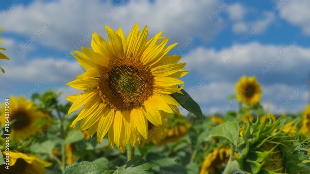 Fototapeta premium Sunflower in a field on hot summer day in southern region of Russia.