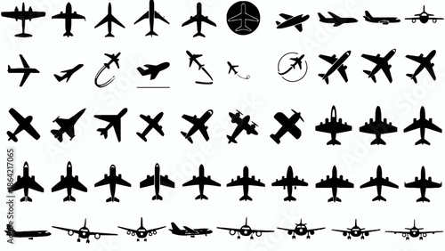 Large vector set of diverse airplane silhouettes and aircraft icons, showcasing various flight positions and air travel symbols for design projects
