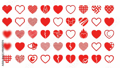 A comprehensive collection of diverse heart icons representing love, relationships, and emotions for digital design and creative projects