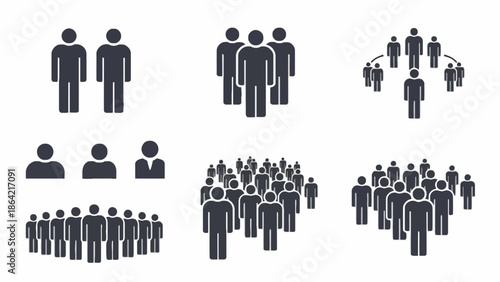 Abstract monochrome icon set representing diverse human groups, teams, and audience configurations for digital platforms, social applications, and organizational structures