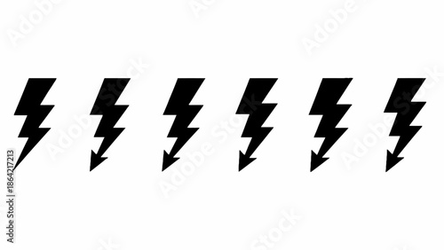 Array of six bold black lightning bolt icons, symbolizing energy, power, and electricity against a plain white background