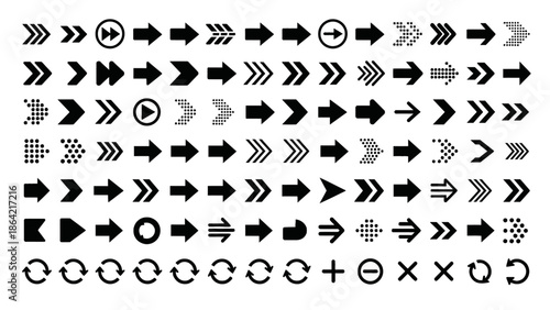Diverse Vector Arrow Icons Collection for User Interface Design and Navigation; Comprehensive Graphic Elements Set for Web and App Development Projects