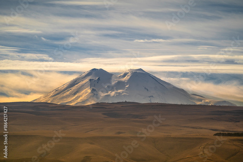 View of Mount Elbrus from the Resort Park in Kislovodsk, Russia.