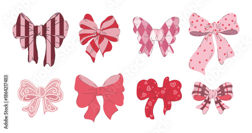 Cute pink ribbon bows vector set in hand-drawn style. Romantic decorative elements for Valentine’s Day, weddings, gift wrapping, branding, stationery, invitations and digital design