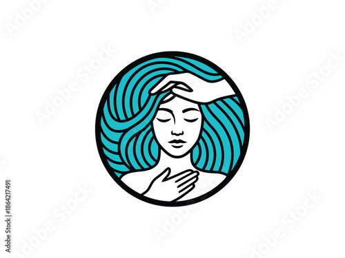 Vector art illustration of a woman receiving a spiritual or therapeutic touch on her head and chest