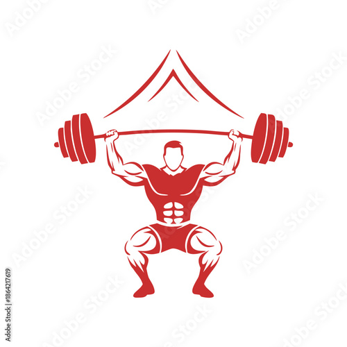 Strong bodybuilder performing a squat with barbell, fitness and strength training graphic
