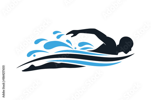 Freestyle Swimmer Icon Logo, Water Wave Sport Illustration