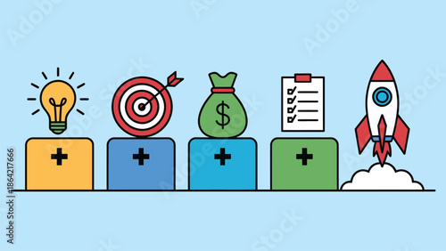 Colorful blocks with lightbulb target money checklist and rocket