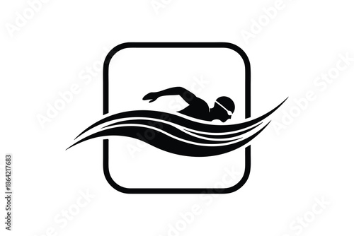 Swimming Man Silhouette Logo in Water Wave Style