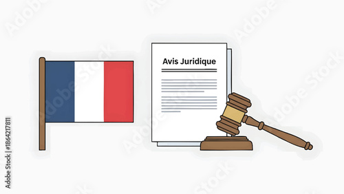 Flat lay illustration of a French flag, a legal document, and a judge's gavel on a white background, conveying a sense of French law and justice.