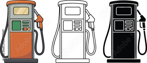 Petrol pump or fuel dispenser silhouette & Outline and illustration set isolated on transparent background