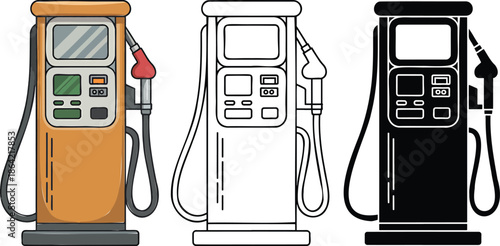 Petrol pump or fuel dispenser silhouette & Outline and illustration set isolated on transparent background