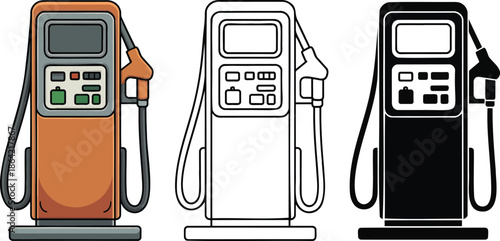 Petrol pump or fuel dispenser silhouette & Outline and illustration set isolated on transparent background