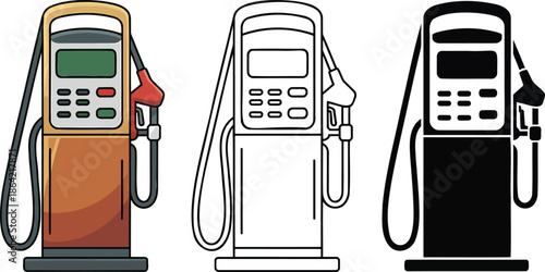Petrol pump or fuel dispenser silhouette & Outline and illustration set isolated on transparent background