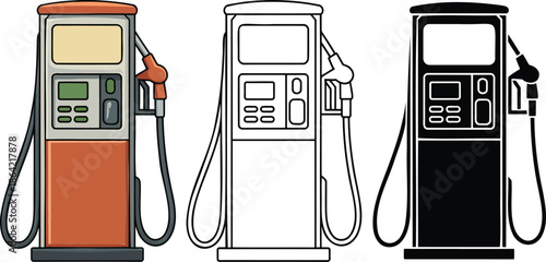 Petrol pump or fuel dispenser silhouette & Outline and illustration set isolated on transparent background