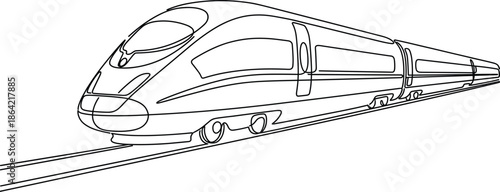 One Continuous Line Art Drawing Of A Modern High Speed ​​Bullet Train On Tracks Moving Fast On A White Background