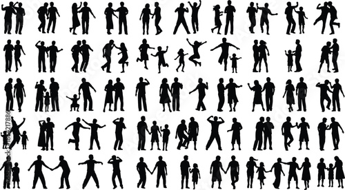 Silhouette grid of people in diverse poses and interactions, social behavior concept for relationships, movement, and lifestyle themes.