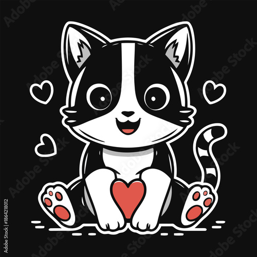 Cute cartoon cat with heart on belly sitting black
