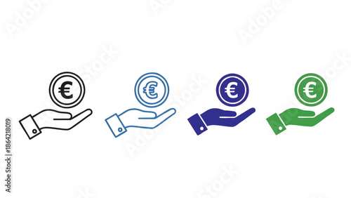 Flat lay of four hands holding euro coins in different colors on a white background with a graphic design style.