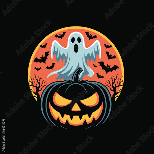 Halloween ghost and jack o lantern with bats and trees