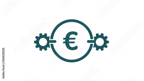 Teal-colored icon of a euro symbol encircled by two interlocking gears on a white background.