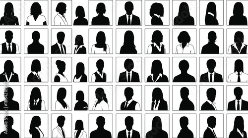 Silhouette grid of professional portraits in square frames, diverse individuals in business attire, corporate identity and demographic concept