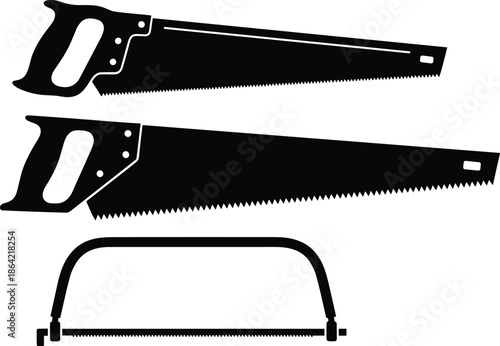 Hand saw and hacksaw silhouette set, carpentry cutting tools isolated on white background