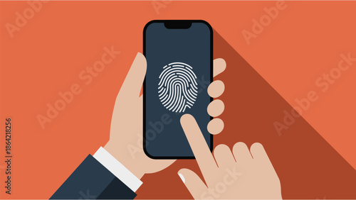 Hand holding smartphone with fingerprint scan on screen